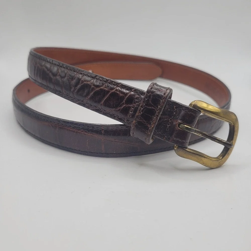 Joan & David Belt Small Brown Calfskin Leather Croc Embossed Brass 90s Classic